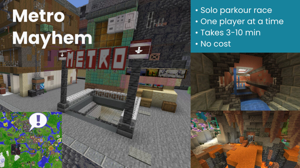 This page shows screenshots of the Mace Race game. An infobox includes the following information: "• 1v1 mace parkour race • Up to two players • Takes 5-15 min • No cost"