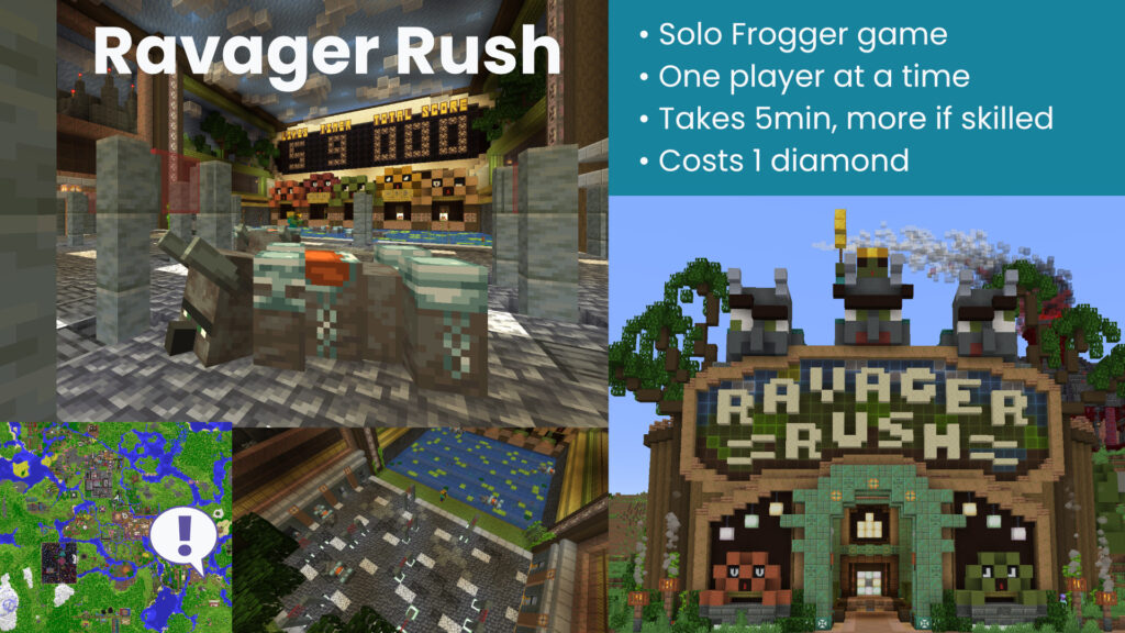 This page shows screenshots of the Ravager Rush game. An infobox includes the following information: "• Solo Frogger game • One player at a time • Takes 5min, more if skilled • Costs 1 diamond"