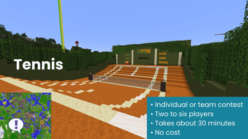 This page shows screenshots of the Tennis game. An infobox includes the following information: "• Individual or team contest • Two to six players • Takes about 30 minutes • No cost"