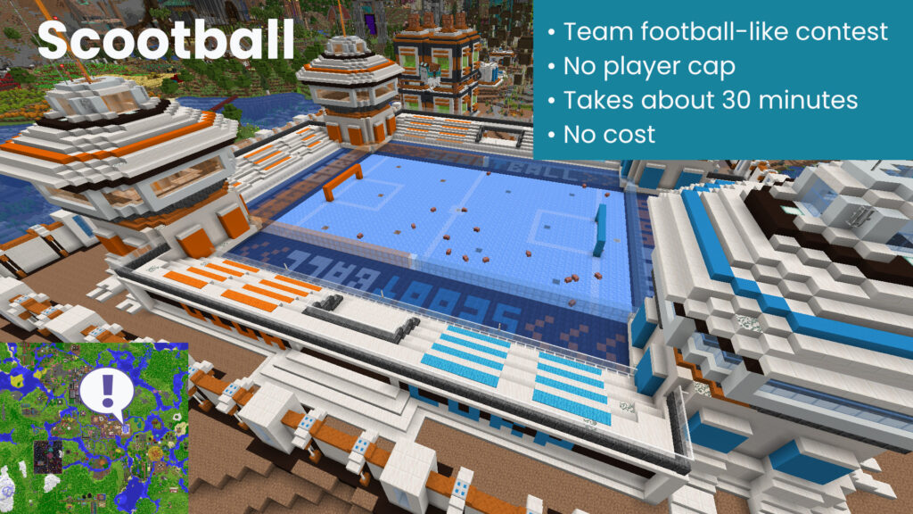 This page shows screenshots of the Scootball game. An infobox includes the following information: "• Team football-like contest • No player cap • Takes about 30 minutes • No cost"