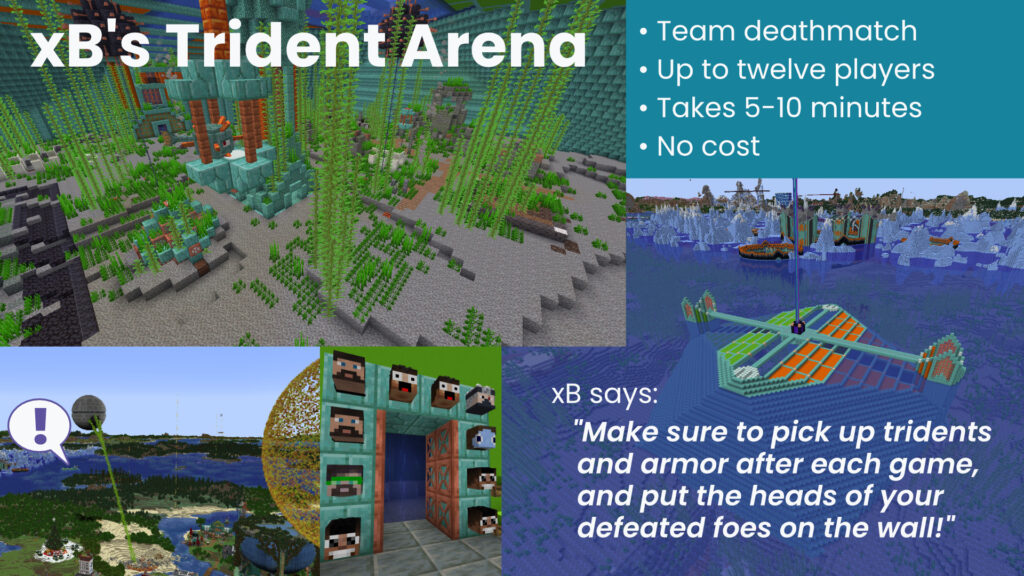 This page shows screenshots of the Scootball game. An infobox includes the following information: "• Team football-like contest • No player cap • Takes about 30 minutes • No cost" An addtional box states that xB says: "Make sure to pick up tridents and armor after each game, and put the heads of your defeated foes on the wall!"