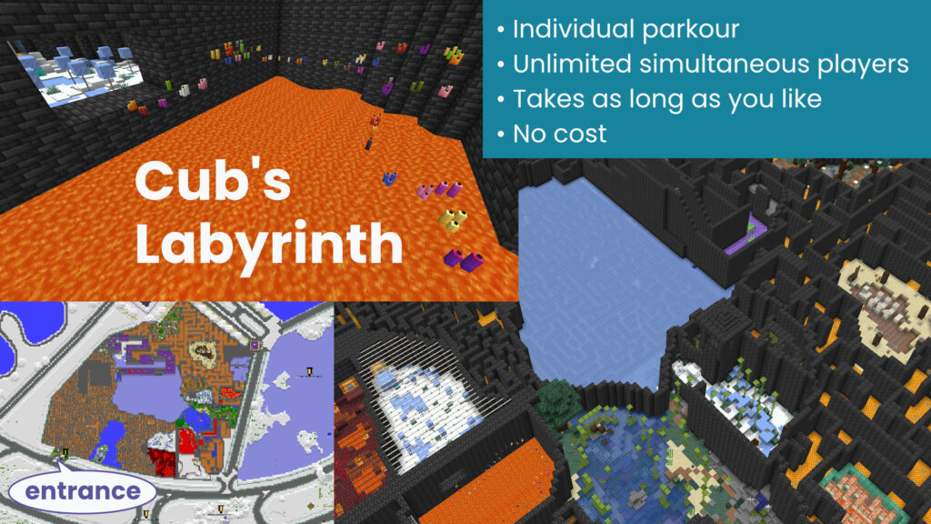 This page shows screenshots of Cub's Labyrinth, a parkour maze with lava and ice. An infobox includes the following information: "• Individual parkour • Unlimited simultaneous players • Takes as long as you like • No cost"