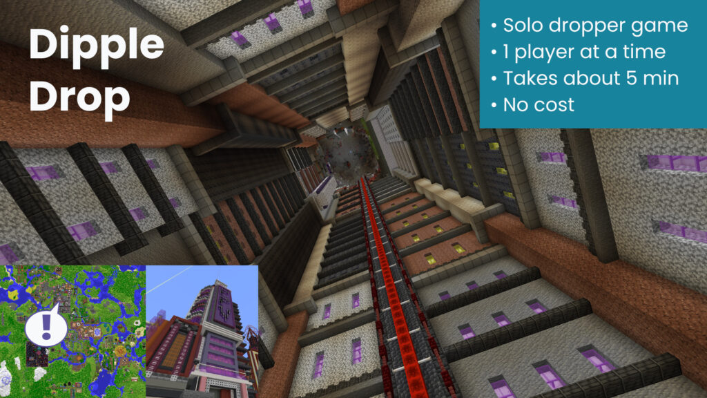 This page shows screenshots of the Dipple Drop game. An infobox includes the following information: "• Solo dropper game • 1 player at a time • Takes about 5 min • No cost"