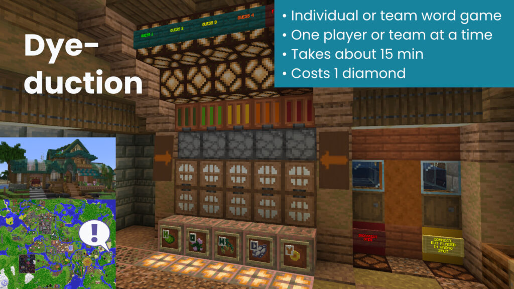 This page shows screenshots of Dye-duction, word game based on Wordle. An infobox includes the following information: "• Individual or team word game • One player or team at a time • Takes about 15 min • Costs 1 diamond"
