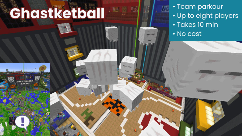 This page shows screenshots of Ghastketball, an arena with happy ghasts floating in it. An infobox includes the following information: "• Team parkour • Up to eight players • Takes 10 min • No cost"