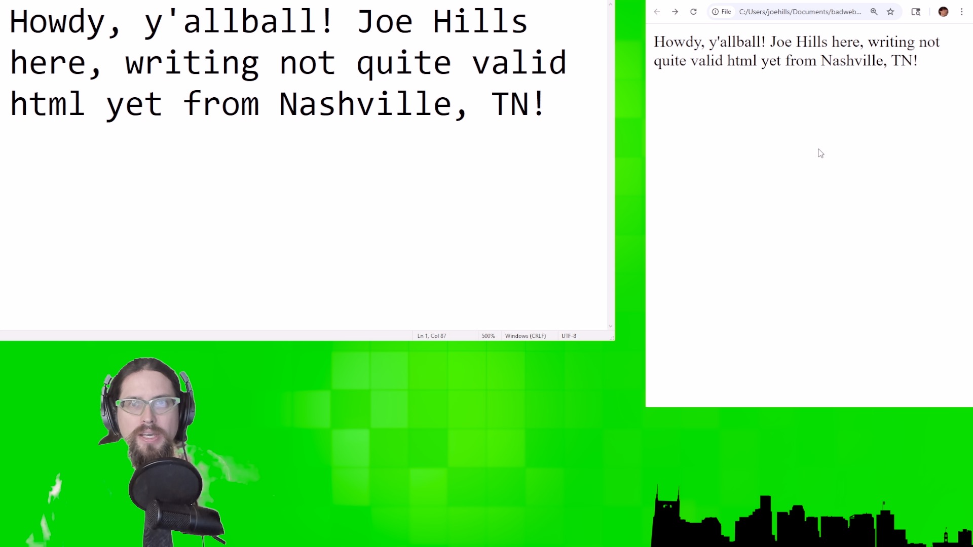 A screenshot showing the same greeting in the text editor as in the web browser.