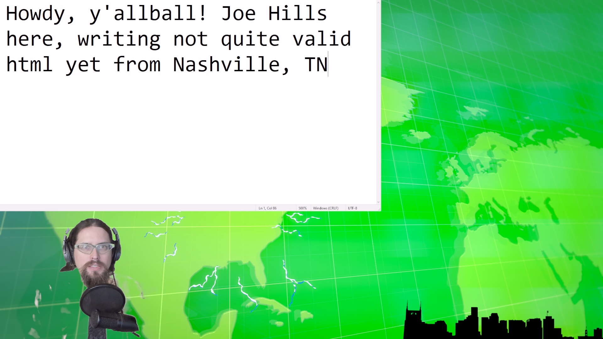 A screenshot of Joe Hills adding his greeting into Notepad.