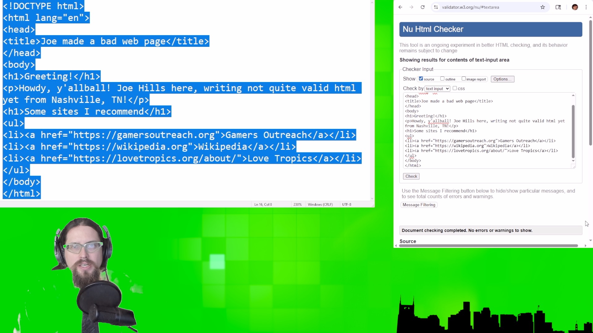 A screenshot of the updated code returning no validator errors.