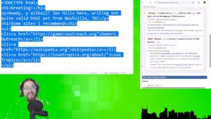A screenshot showing the HTML validator returning errors for a missing language declaration and a missing page title.