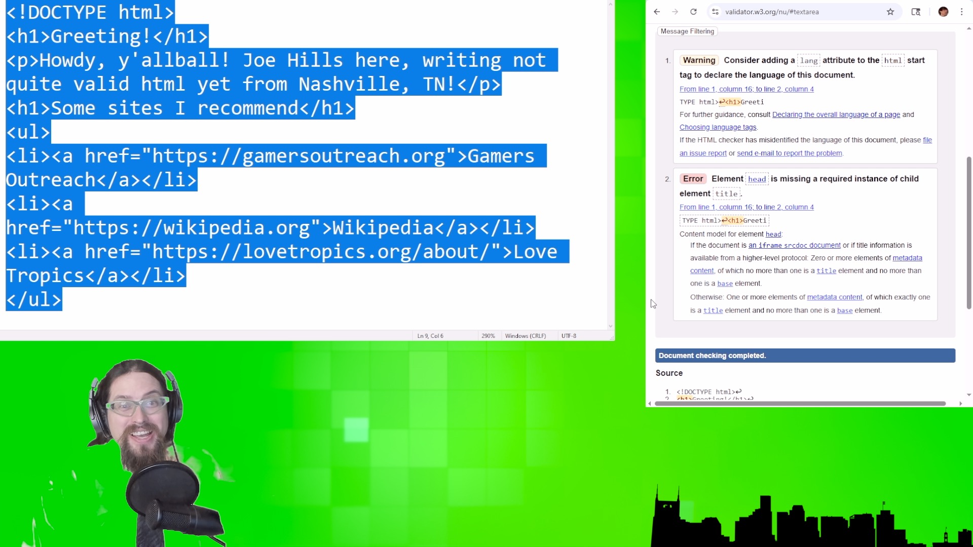 A screenshot showing the HTML validator returning errors for a missing language declaration and a missing page title.