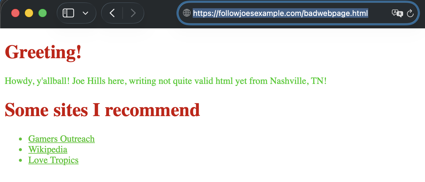 A screenshot of Safari rendering my bad web page from a web server.