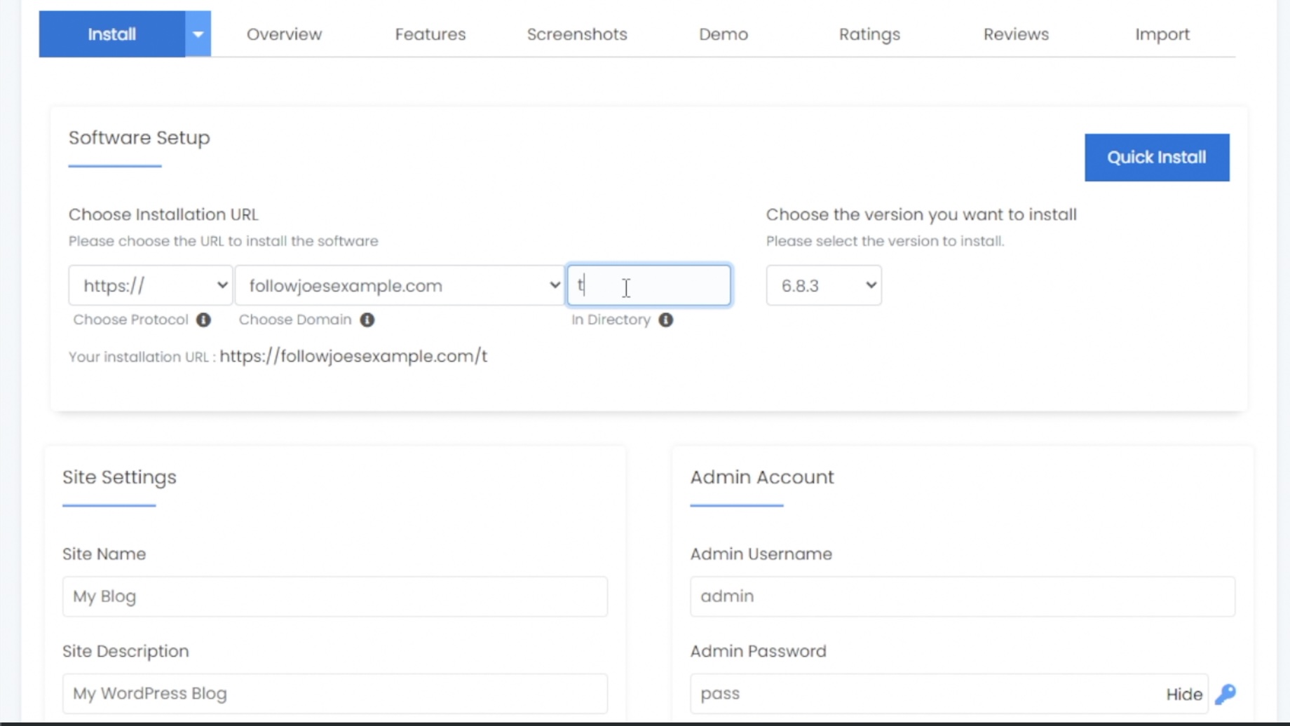 A screenshot of the Softaculus WordPress installer showing a prompt for installation directory and admin username.
